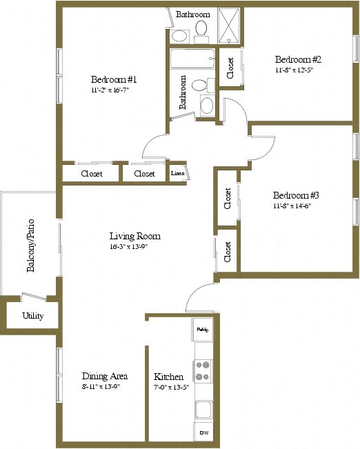 Floor plan for 3 beds, 2 baths, 1269 sqft